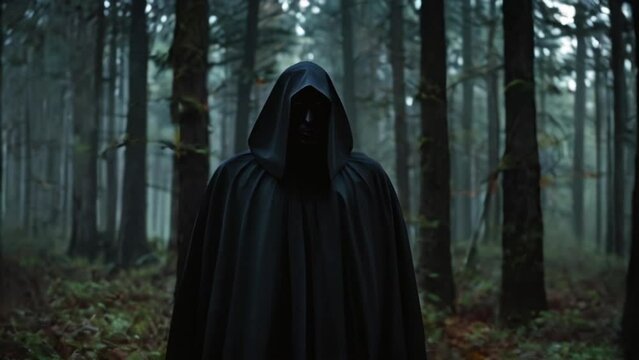 man in a black cloak without a face in the forest
