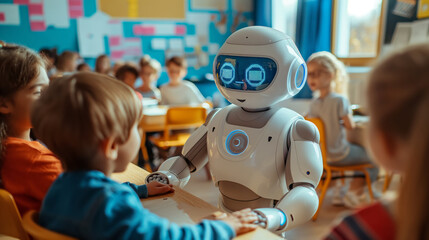 Robot teacher interacting with students. Depicts a friendly robot engaging with young children in a classroom, illustrating concepts of futuristic education and technology integration.