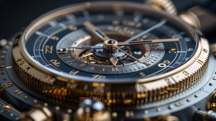 Close-up of a luxury mechanical watch with intricate details, gold and silver elements, and visible gears.