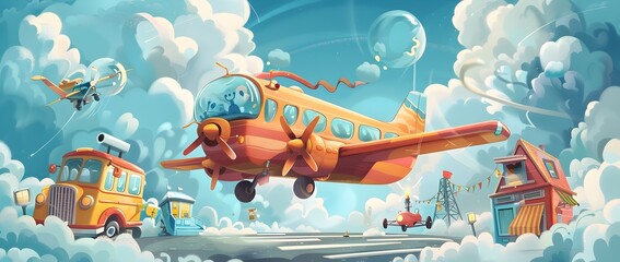 Naklejka premium Whimsical Aerial Landscape with Retro Airplanes and Fantastical Cityscape
