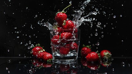 Fresh strawberries splashing into water glass on black background