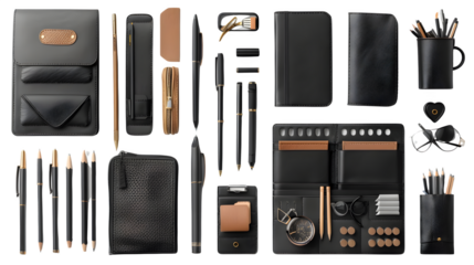 Office items placed in a flat layout isolated on a transparent background, PNG, Ai