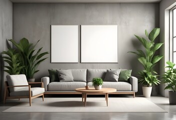 Modern living room interior with a blank poster on the wall, plants, and furniture on a concrete background. Mockup Wall