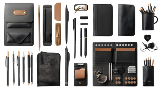 Office items placed in a flat layout isolated on a transparent background, PNG, Ai