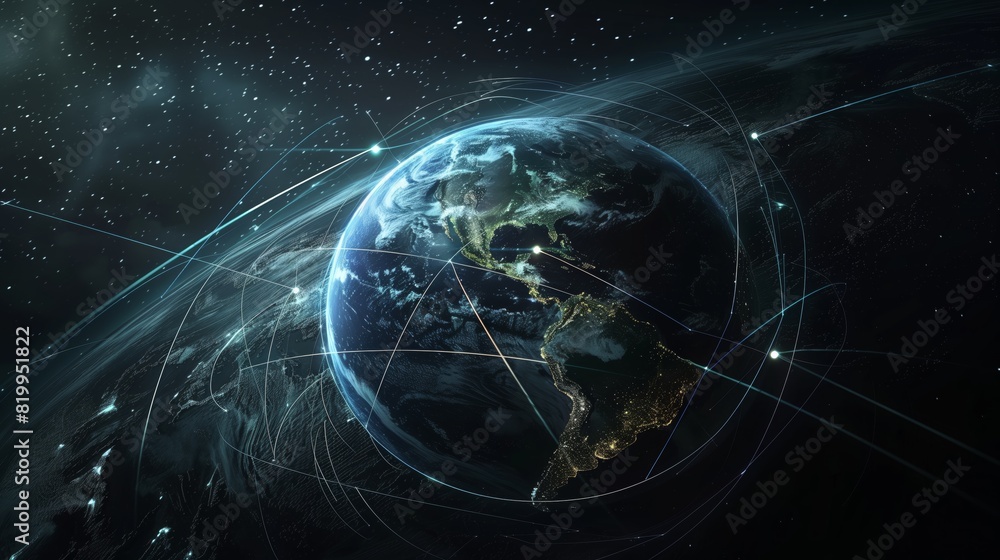 Fototapete earth in space with network connections global communication, digital technology concept. the planet