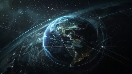 Earth in Space with Network Connections Global Communication, Digital Technology Concept. The planet is illuminated by glowing points symbolizing global data transfer and connectivity