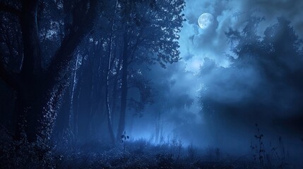 A dark forest with blue light shining through the trees. There is a bright white moon in the background.