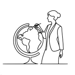 Geography teacher shows a globe with a pointer, one line vector drawing