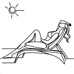 beautiful young girl in a swimsuit sunbathes on a sun lounger on the beach under the sun, single line vector drawing