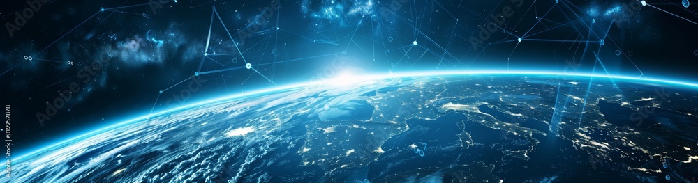 Poster a breathtaking earth view from space showcasing intricate digital connections and technological adva