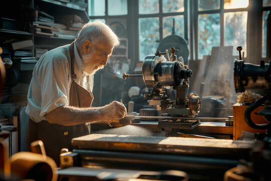Elderly Craftsman in Workshop. An experienced craftsman skillfully working with machinery in a sunlit workshop. Concept: craftsmanship, expertise. Editorial, heritage promotion, skill demonstration