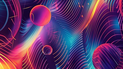 Neon background with colorful geometric 3D lines and circles