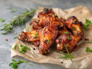 spicy chicken wings fried on a table with a natural lighting  background