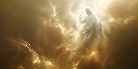 Jesus Christ rising to heaven in divine light amid clouds. Concept Religious Art, Ascension of Jesus, Divine Light, Heaven, Spiritual Beliefs