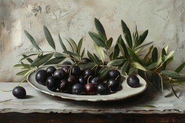 Still life painting of black olives with leaves on a white plate. Realistic style with textured background. Food and Mediterranean concept. Generative AI
