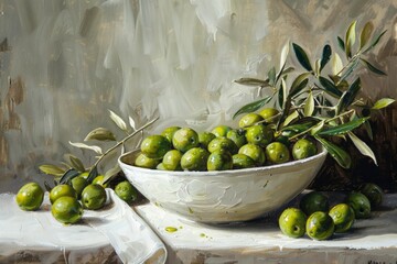 Still life painting of green olives with branches in a white bowl on a table. Realistic style with textured background. Food and Mediterranean concept. Generative AI