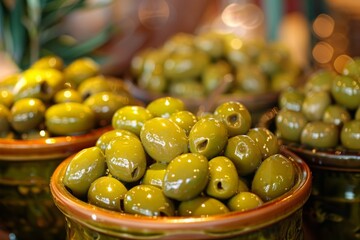 Close-up of green olives in ceramic bowls with a bokeh background. Detailed and vibrant. Food and Mediterranean concept. Design for print, poster, banner, and wall art. Macro photography. Generative A
