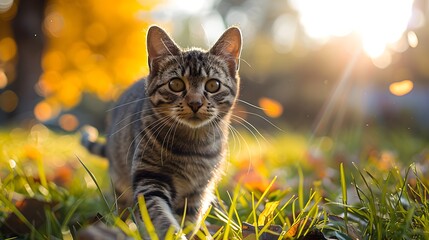 A beautiful brown and grey striped cat strolling through the grass, with sunlight filtering through...
