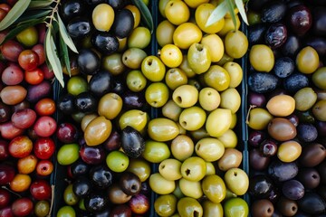 Close-up of various colored olives arranged in sections. Detailed and vibrant. Food and Mediterranean concept. Generative AI