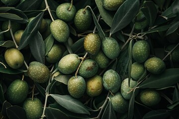 Close-up of green olives with leaves. Detailed and natural. Food and Mediterranean concept. Design for print, poster, banner, and wall art. Macro photography. Generative AI