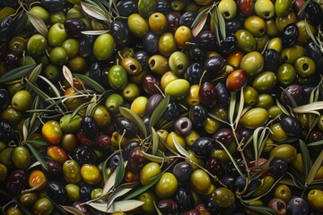 Assorted olives with olive branches. Realistic oil painting with detailed texture. Mediterranean cuisine and food concept. Generative AI