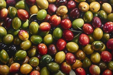 Assorted colorful olives. Realistic oil painting with detailed texture. Mediterranean cuisine and food concept. Generative AI