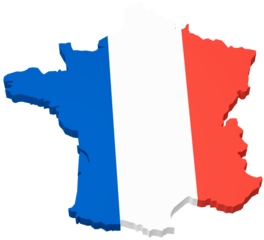 The map of France overlayed by the French flag isolated on transparent background.