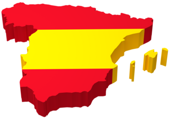 The map of Spain including the Balearic islands overlayed by the Spanish flag isolated on transparent background.