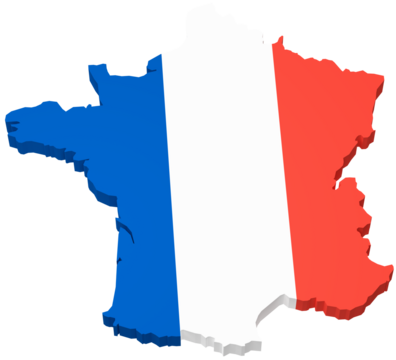 The map of France overlayed by the French flag isolated on transparent background.