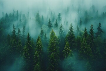 Featuring a many pine trees stand on a fog filled forest, high quality, high resolution