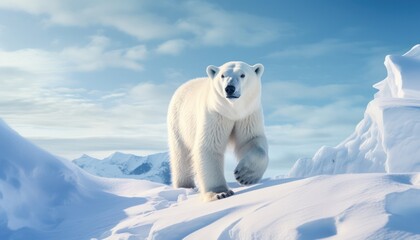 Polar bears walks in extreme winter weather, standing above snow with a view of the frost mountains
