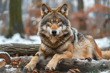 Digital artwork of  wolf with teeth lays down on logs in the snow