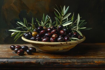 Bowl of black and red olives with olive leaves. Rustic still life photography. Mediterranean cuisine and food concept. Generative AI