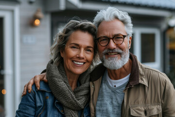 Happy senior couple near trailer, mobile home - Powered by Adobe