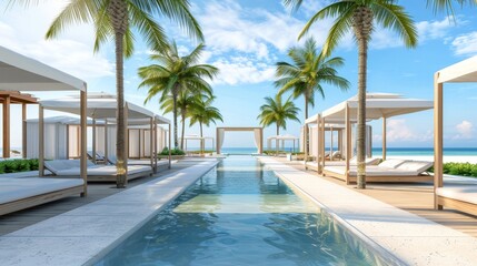 An exclusive beach club with cabanas, infinity pools, and luxurious amenities.,space for text,,isolated on white background