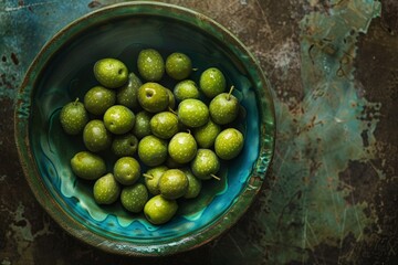 Bowl of green olives on a rustic surface. Overhead view photography. Food and nature concept. Design for poster, wallpaper, print, banner. Generative AI