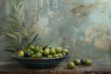 Bowl of green and black olives with olive branches on rustic wooden surface. Still life photography. Food and nature concept. Generative AI
