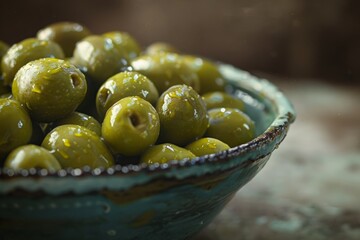 Bowl of green olives with oil on a rustic surface. Close-up photography. Food and nature concept. Design for poster, wallpaper, print, banner. Generative AI