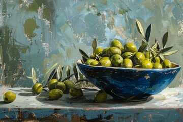 Bowl of green olives with olive branches on a rustic blue surface. Still life photography. Food and nature concept. Generative AI