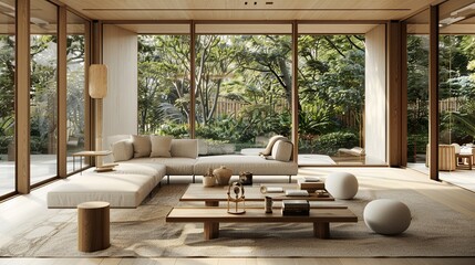 A modern living room with large glass windows, a wooden ceiling, and a large cream-colored sectional sofa.

