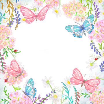 invitation card with frame of delicate wildflowers, butterflies and ladybugs. watercolor painting.