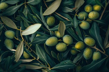 Green olives with olive branches and leaves. Close-up photography. Food and nature concept. Generative AI