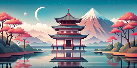 Generative ai. Illustration of a serene lakeside scene featuring a traditional Asian pagoda in the...