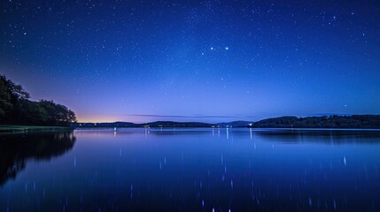 A lake at night, showing a starry sky and the lights of a town in the distance. The water is calm and still, reflecting the sky above.