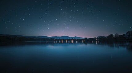 A lake at night, showing a starry sky and the lights of a town in the distance. The water is calm and still, reflecting the sky above.