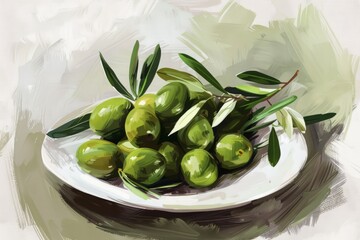 Green olives with olive branches on a white plate. Close-up photography. Food and nature concept. Generative AI