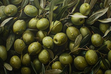 Green olives with olive branches and leaves covered in water droplets. Close-up photography. Food and nature concept. Generative AI