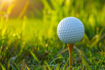 Golf ball is on tee at green lawn in a beautiful golf course with morning sunshine.