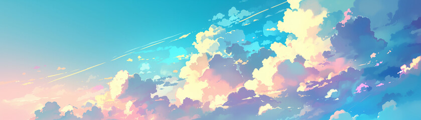 Tranquil Sky with Soft Shimmering Pastel Clouds with Anime Style