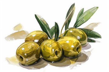 Cluster of green olives with leaves on white background. Realistic watercolor painting with light tones. Mediterranean cuisine and organic food concept. Generative AI